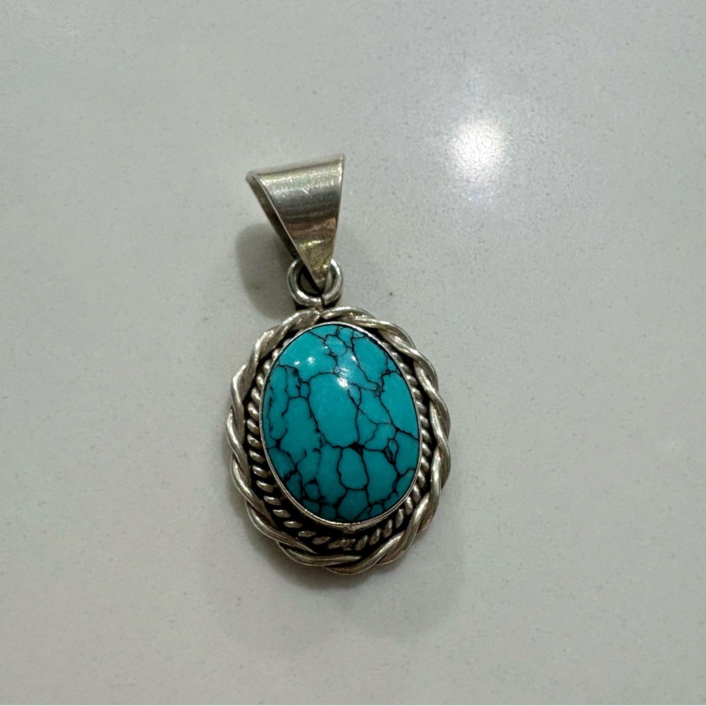 Turquoise Oval Sterling Silver 925 Pendant for Necklace Made in Taxco Mexico
